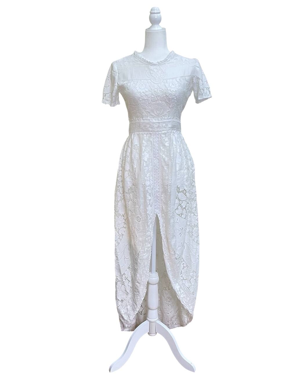 Vintage 60s Handmade White Lace Front Slit Sheer Boho Maxi Wedding Gown Dress